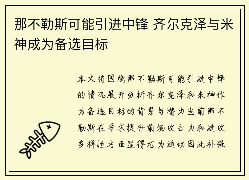 那不勒斯可能引进中锋 齐尔克泽与米神成为备选目标