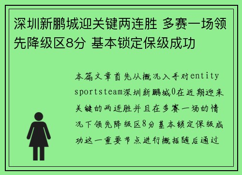 深圳新鹏城迎关键两连胜 多赛一场领先降级区8分 基本锁定保级成功